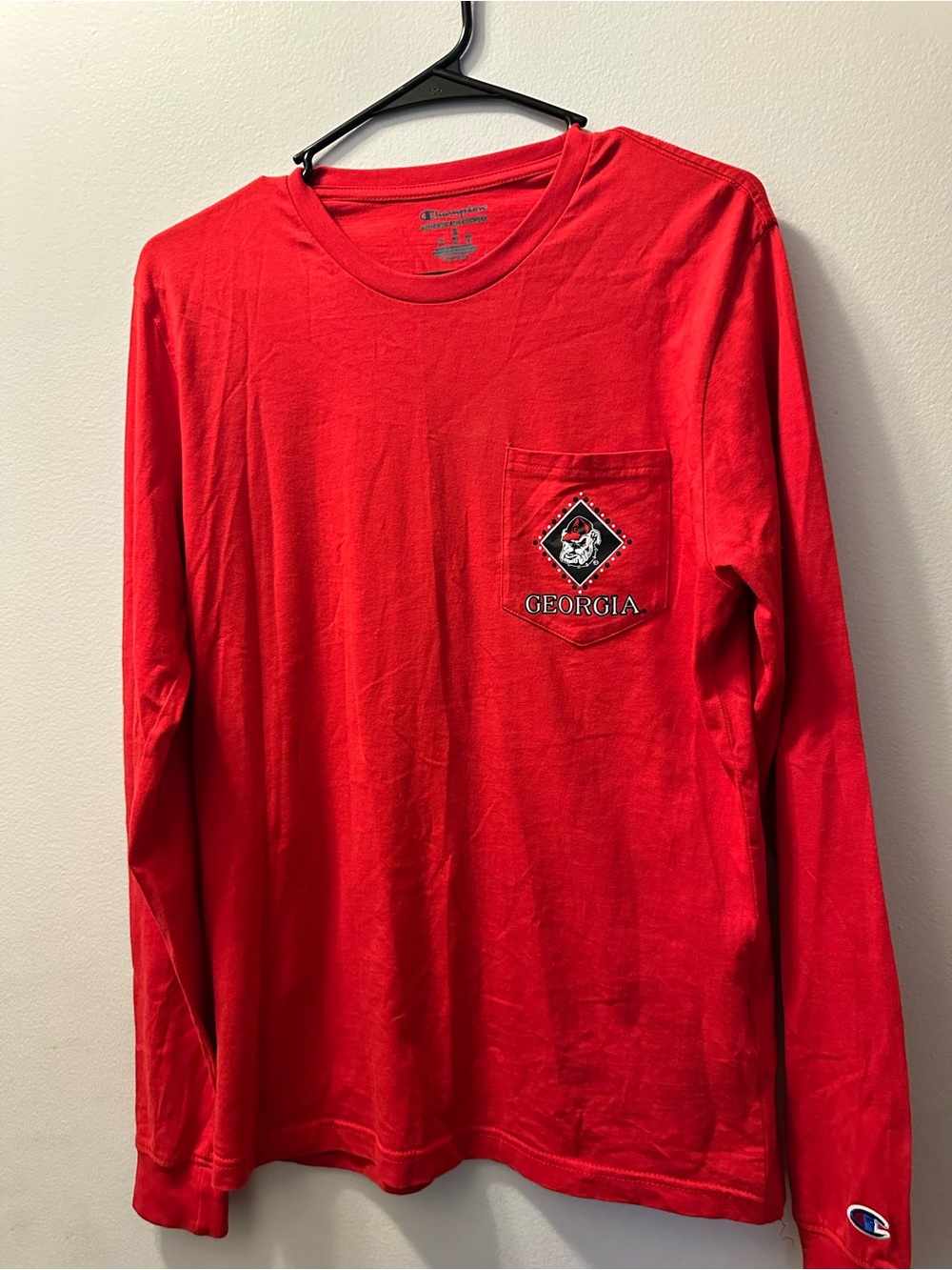 Champion Red Long-Sleeve Pocket Tee with Georgia Patch